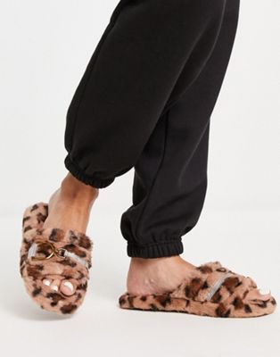 Truffle Collection diamante strap slipper sliders in leopard