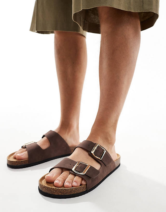 Truffle Collection - double buckle sandals in chocolate brown