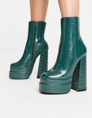 Truffle Collection double platform high ankle boots in green croc