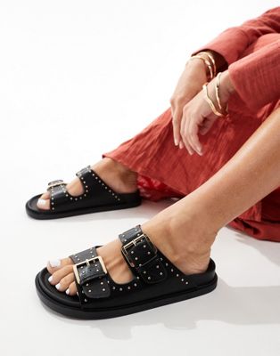 Truffle Collection Double Strap Studded Footbed Sandals In Black