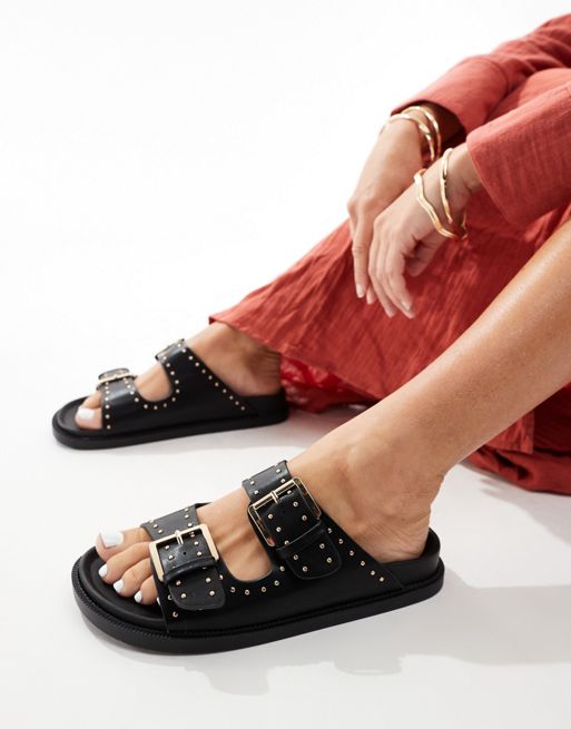 Truffle Collection double strap studded footbed backyard sandals in black