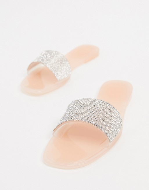 Truffle Collection embellished jelly sliders in clear beige