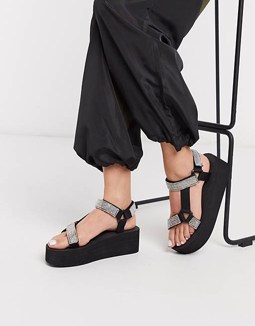 Truffle Collection embellished sporty flatform sandals in black ...