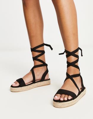 Truffle Collection Espadrille Tie Leg Sandals In Black