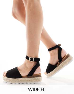 Truffle Collection - Espadrilles in Schwarz mit weiter Passform und flacher Plateausohle