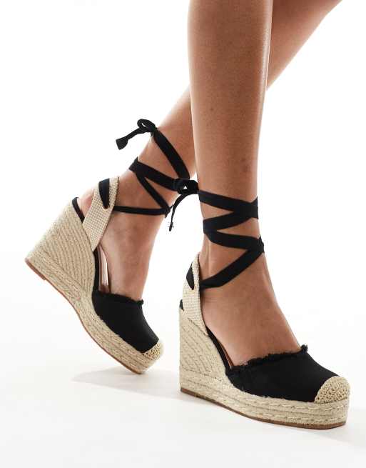 Truffle Collection - Espadrilles met sleehak en bandjes van jute in zwart, 2 van 4