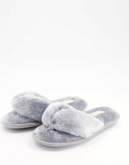 Grey fluffy cross online strap slippers