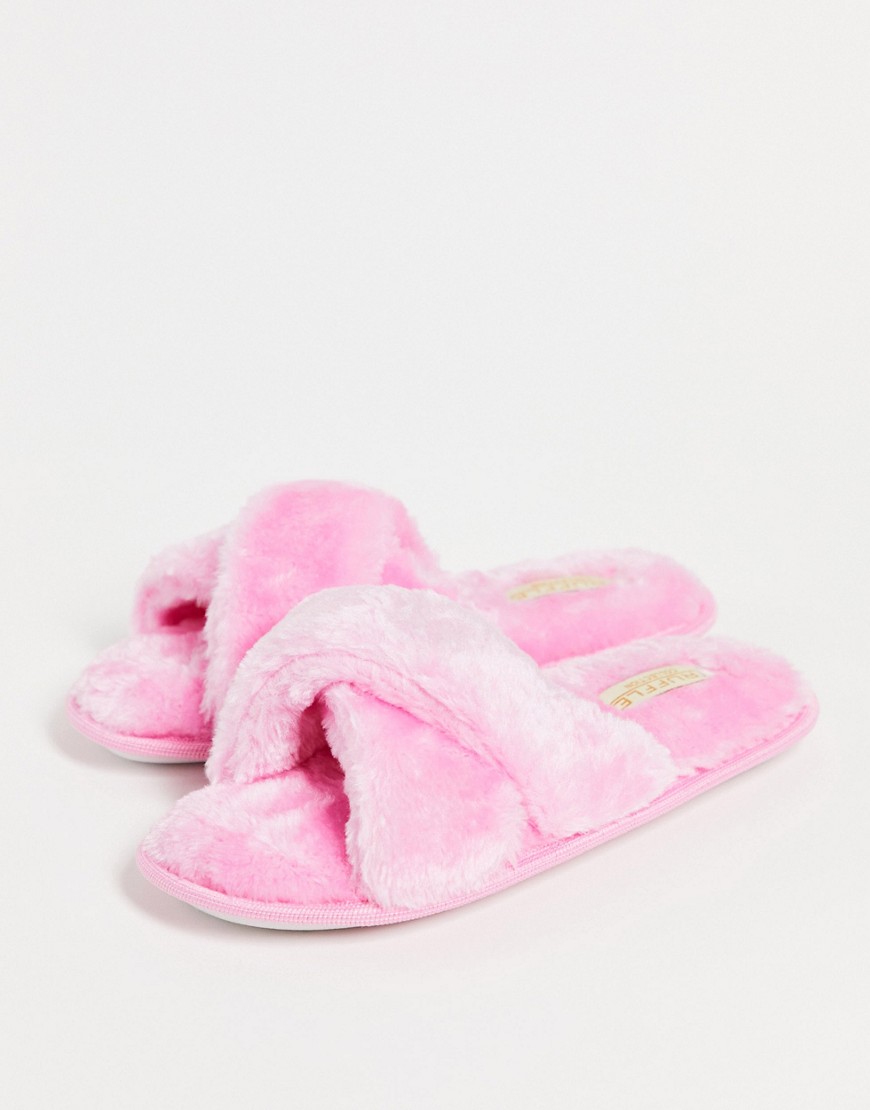 Truffle Collection faux fur cross strap slippers in pink