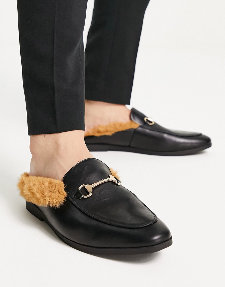 Truffle Collection faux fur lined metal trim mule loafers in black