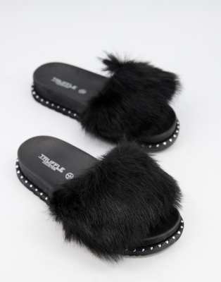 Truffle Collection Faux Fur Slider Slippers In Black