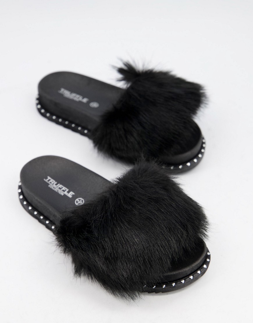 Truffle Collection faux fur slider slippers in black