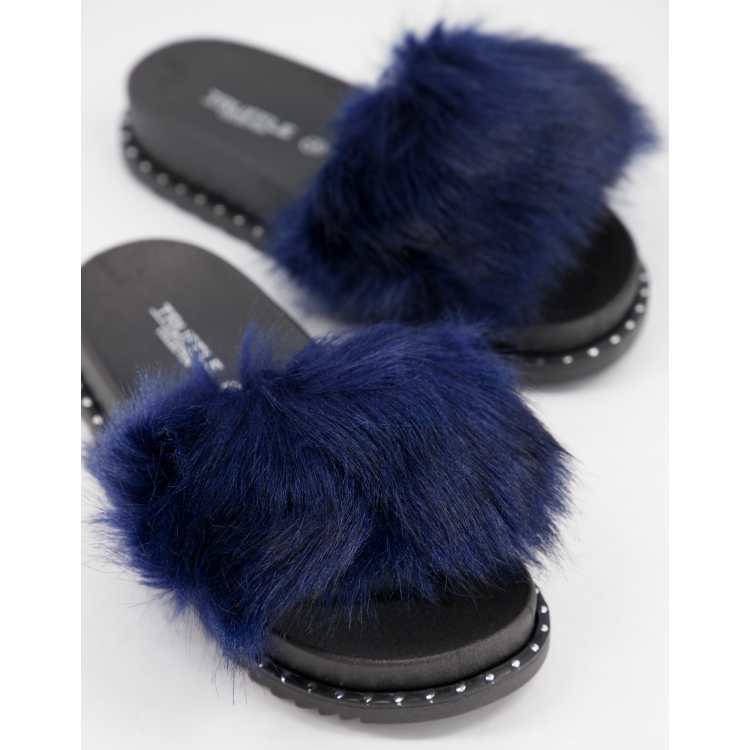 Truffle Collection faux fur slider slippers in blue ASOS