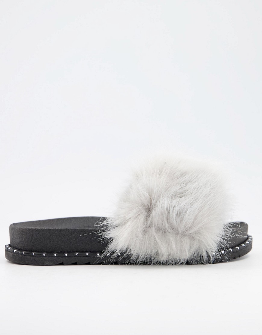 Truffle Collection faux fur slider slippers in gray-Grey
