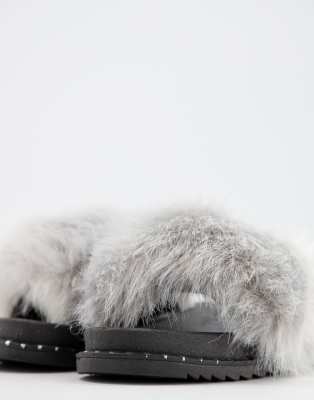 grey fur slider slippers