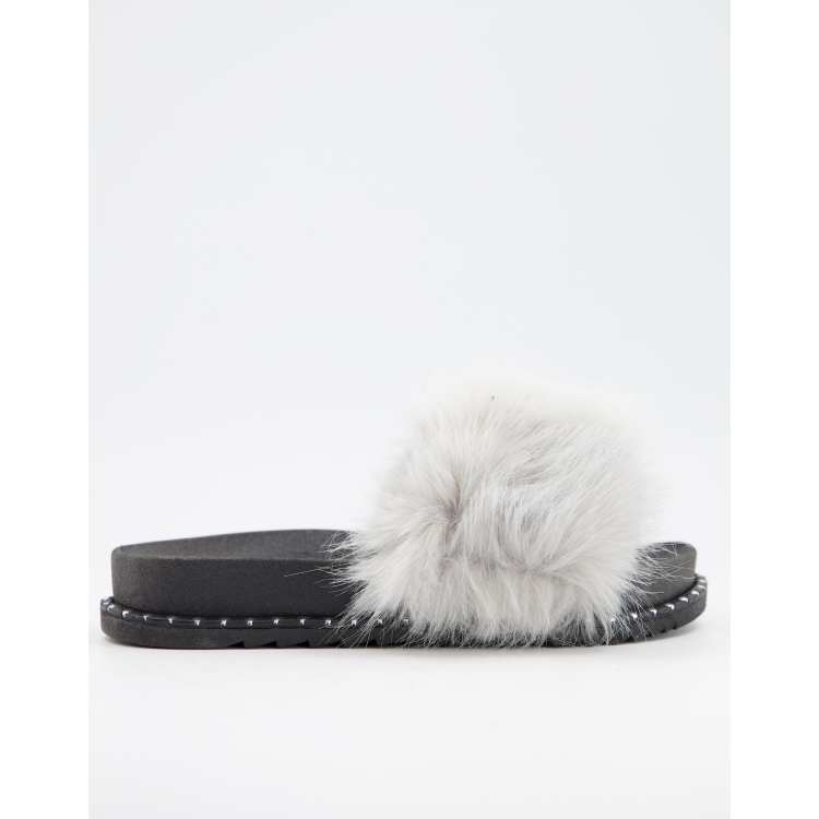 Grey fur slider online slippers