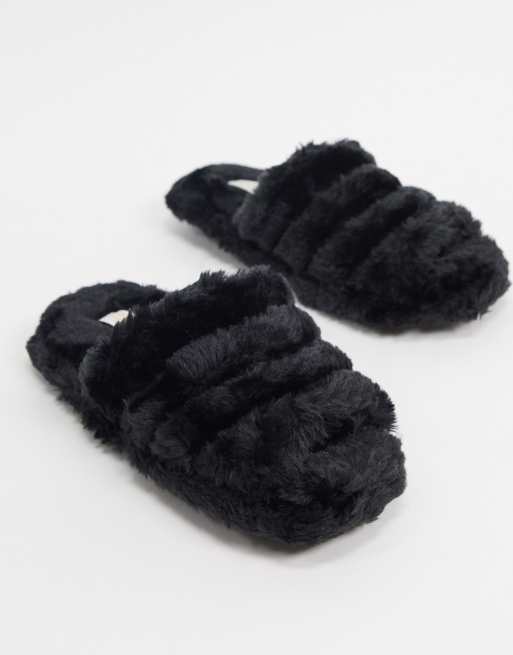 Truffle Collection faux fur slippers in black | ASOS