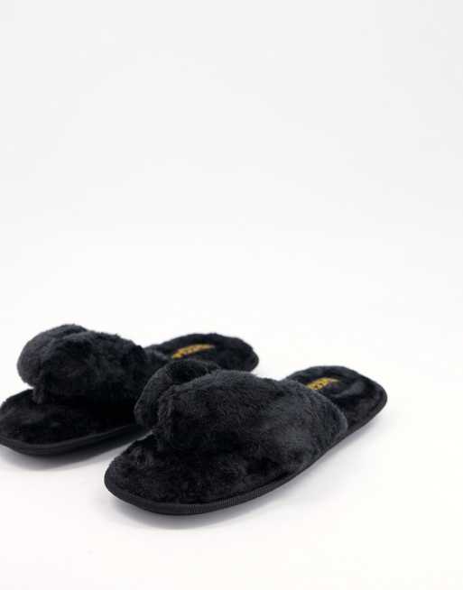 Truffle Collection faux fur thong slippers in black | ASOS