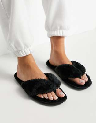 Truffle Collection faux fur thong slippers in black ASOS