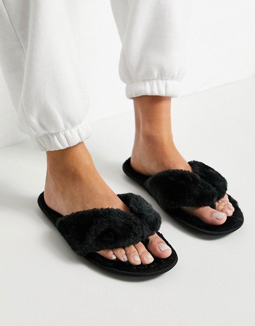 Truffle Collection faux fur thong slippers in black