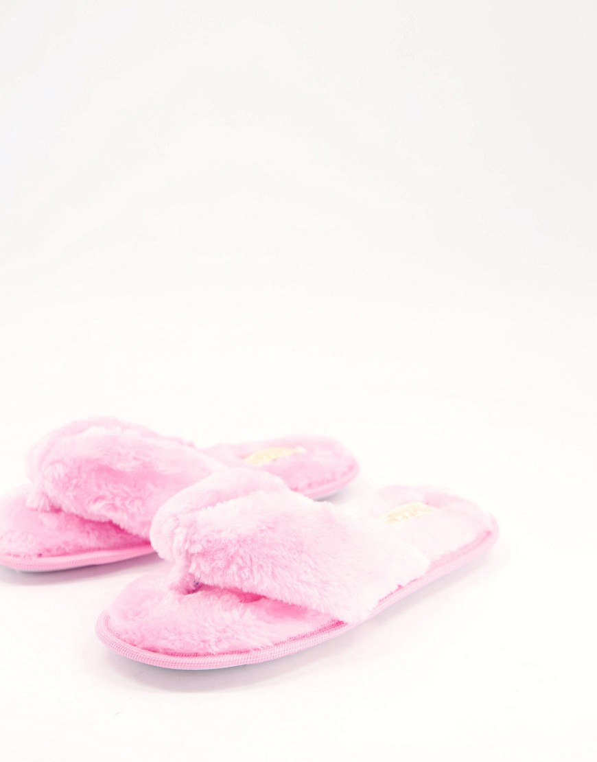 Truffle Collection faux fur thong slippers in pink