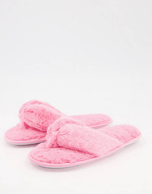 Truffle Collection faux fur thong slippers in pink