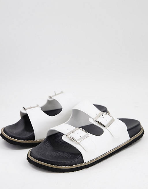 Truffle Collection faux leather buckle sliders in white