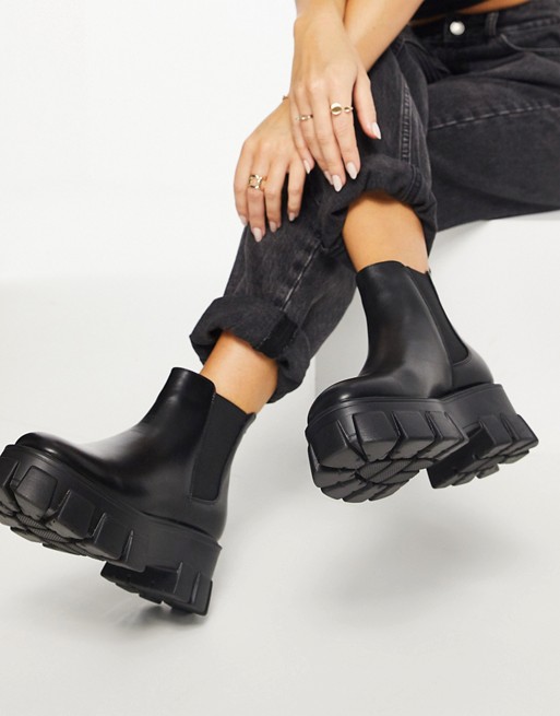 Truffle Collection faux leather chunky chelsea boots in black with exaggerated sole