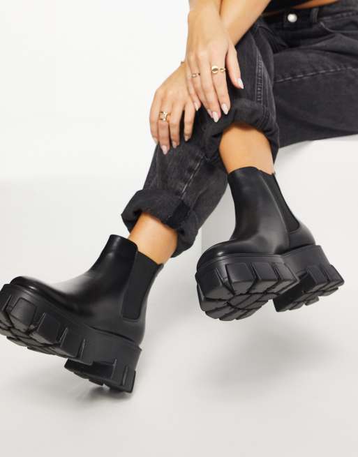 Black faux leather 2025 chunky chelsea ankle boots