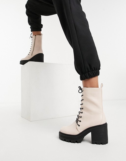 Truffle Collection faux leather chunky heeled lace up boot in light pink