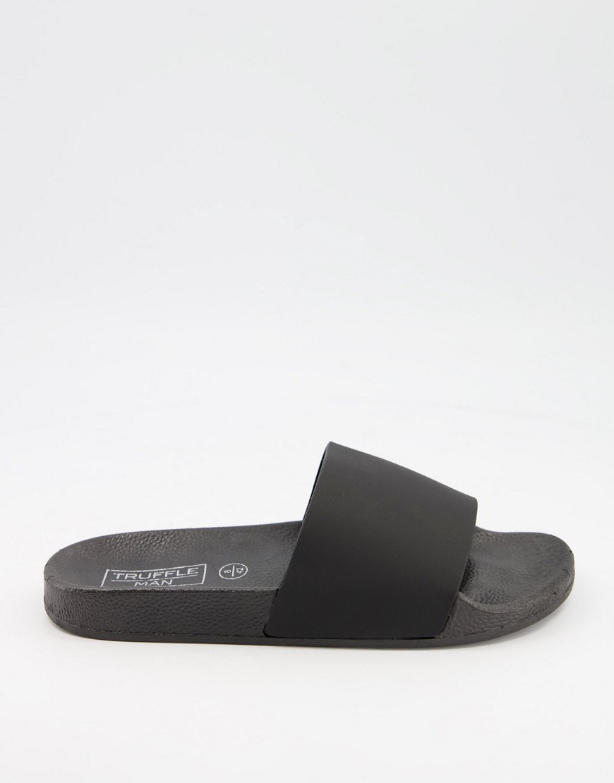 Truffle Collection faux leather sliders in black