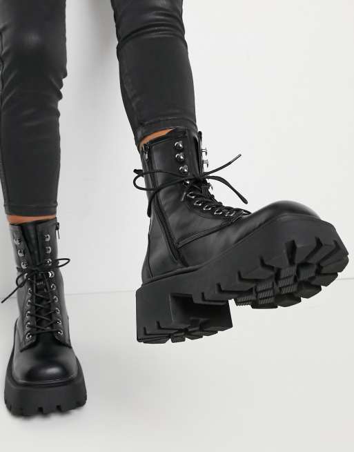 Truffle Collection faux leather square toe chunky lace up boots in black | ASOS