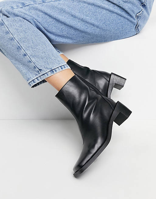 Truffle Collection faux leather square toe mid heel ankle boots in black