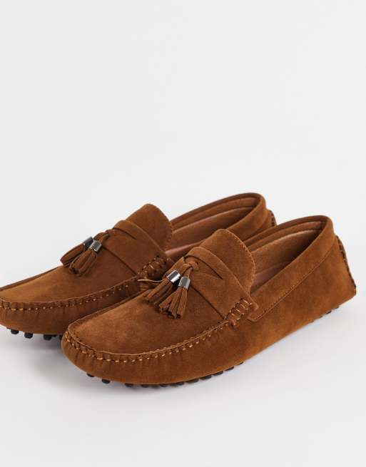 Truffle Collection faux leather tassel drivers in tan micro