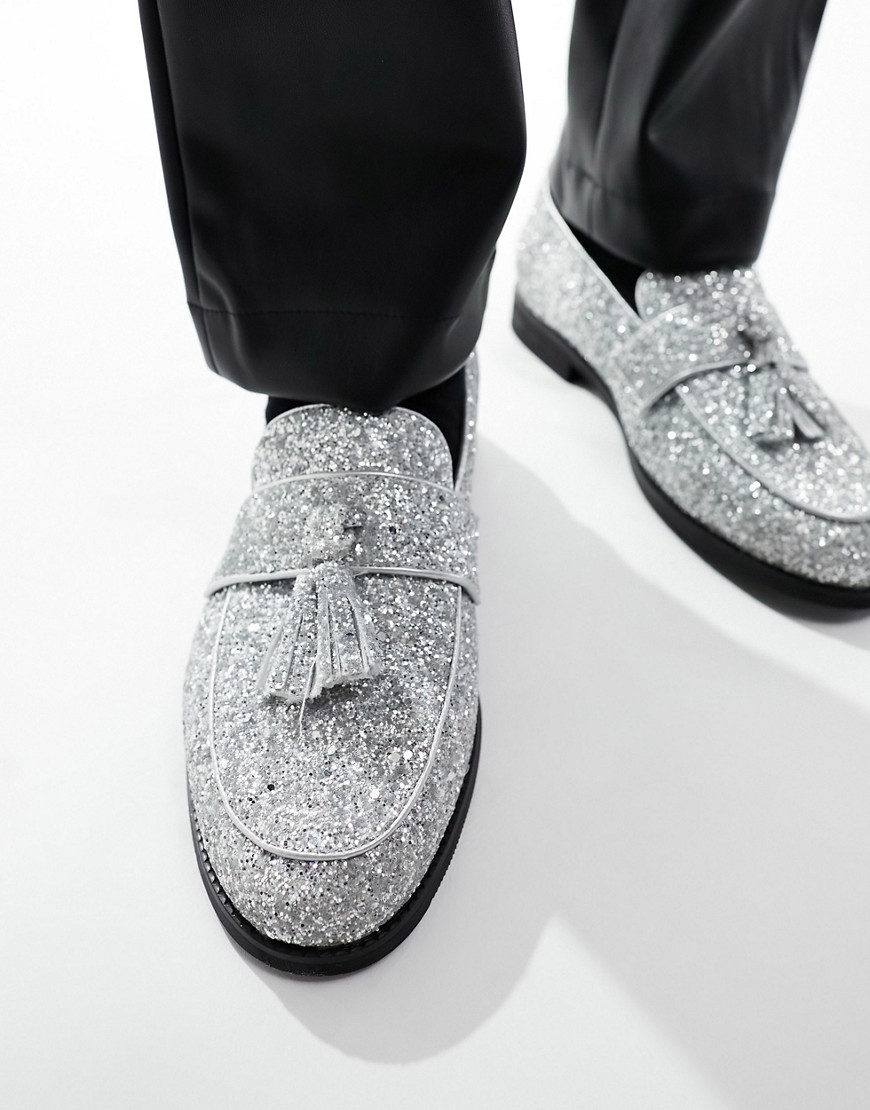 faux leather tassel loafers in silver glitter