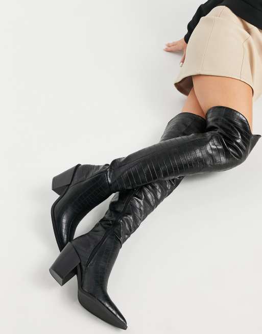 Black faux leather store thigh high boots