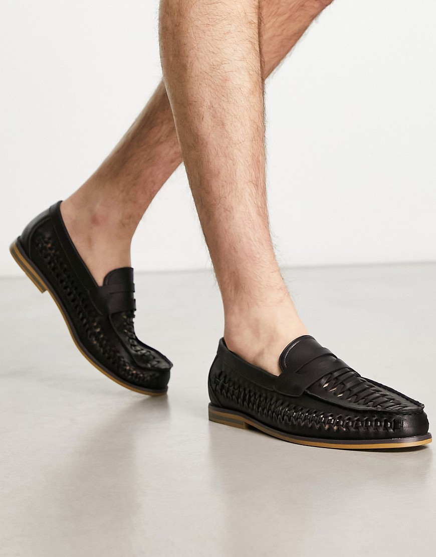 Truffle Collection faux leather woven penny saddle loafers in black