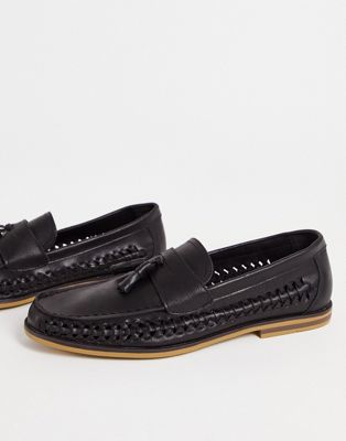 Truffle Collection faux leather woven tassel loafers in black