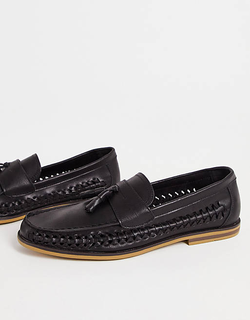 Truffle Collection faux leather woven tassel loafers in black | ASOS