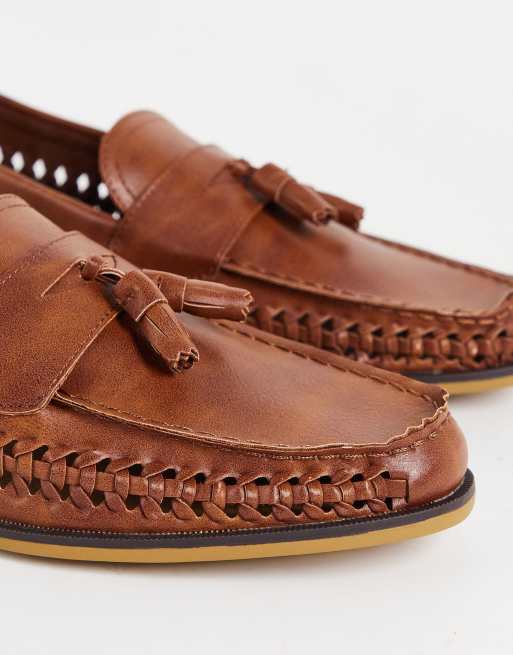 Truffle Collection faux leather woven tassel loafers in brown, 2 of 4