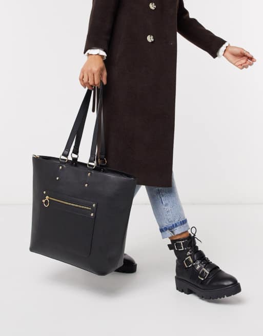 Black Leather-Look Zip Front Tote Bag | New Look