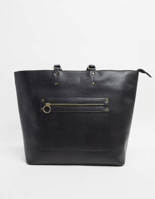 Black Leather-Look Zip Front Tote Bag