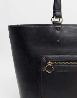 Black Leather-Look Zip Front Tote Bag