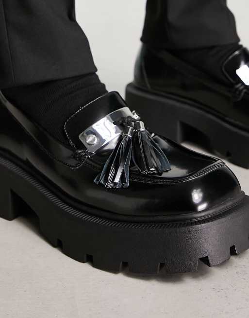 Truffle Collection faux square toe chunky tassel loafers in black , 3 of 4