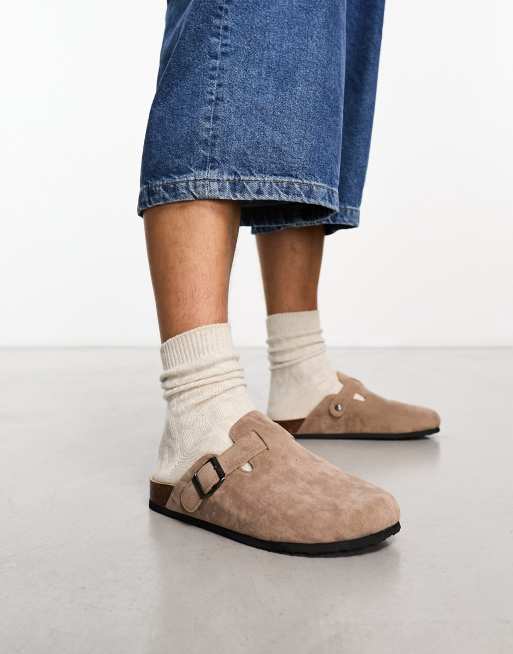 Truffle Collection faux suede slip on clogs in taupe | ASOS