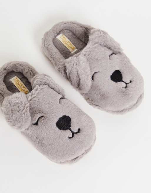 Truffle Collection fluffy dog mule slippers in grey