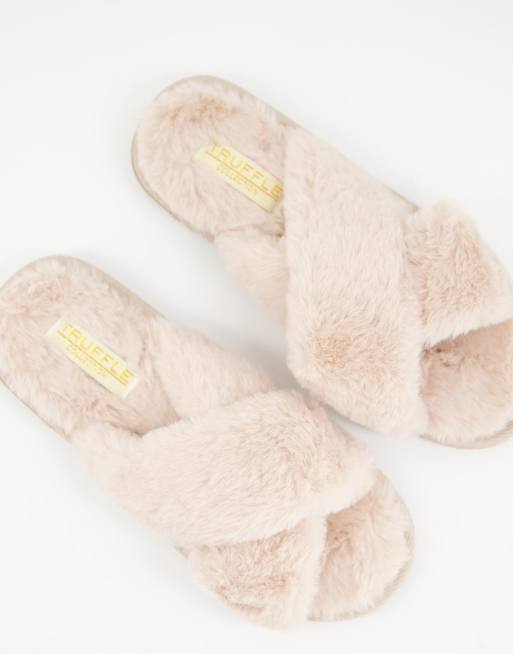 Truffle Collection - Fluffy hjemmesko med krydsremme og chunky sål i muldvarpebrun