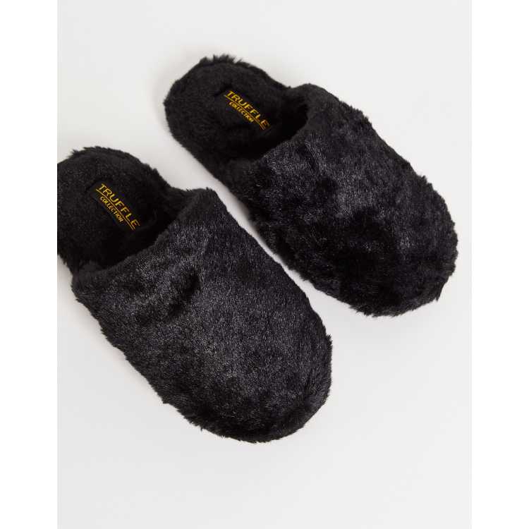 Truffle Collection fluffy mule slipper in black ASOS