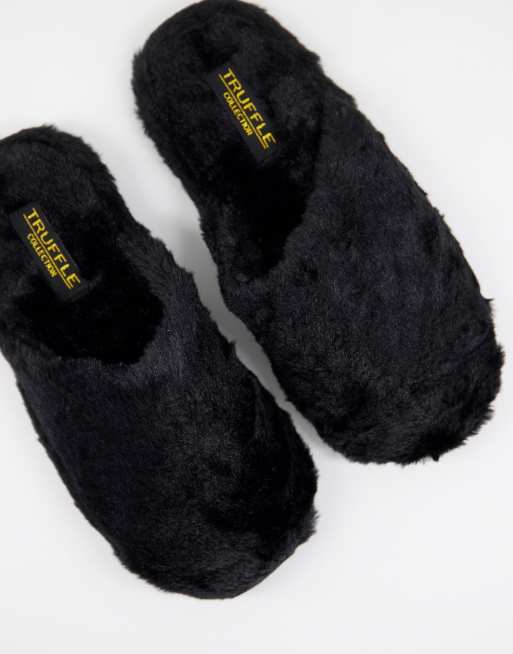 Truffle Collection fluffy mule slipper in black, 2 of 4
