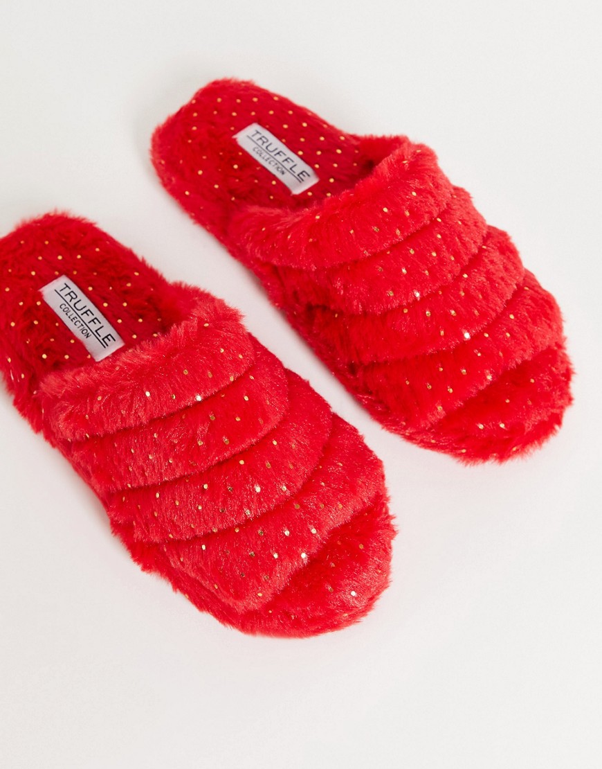 Truffle Collection Fluffy Open Toe Slipper In Red