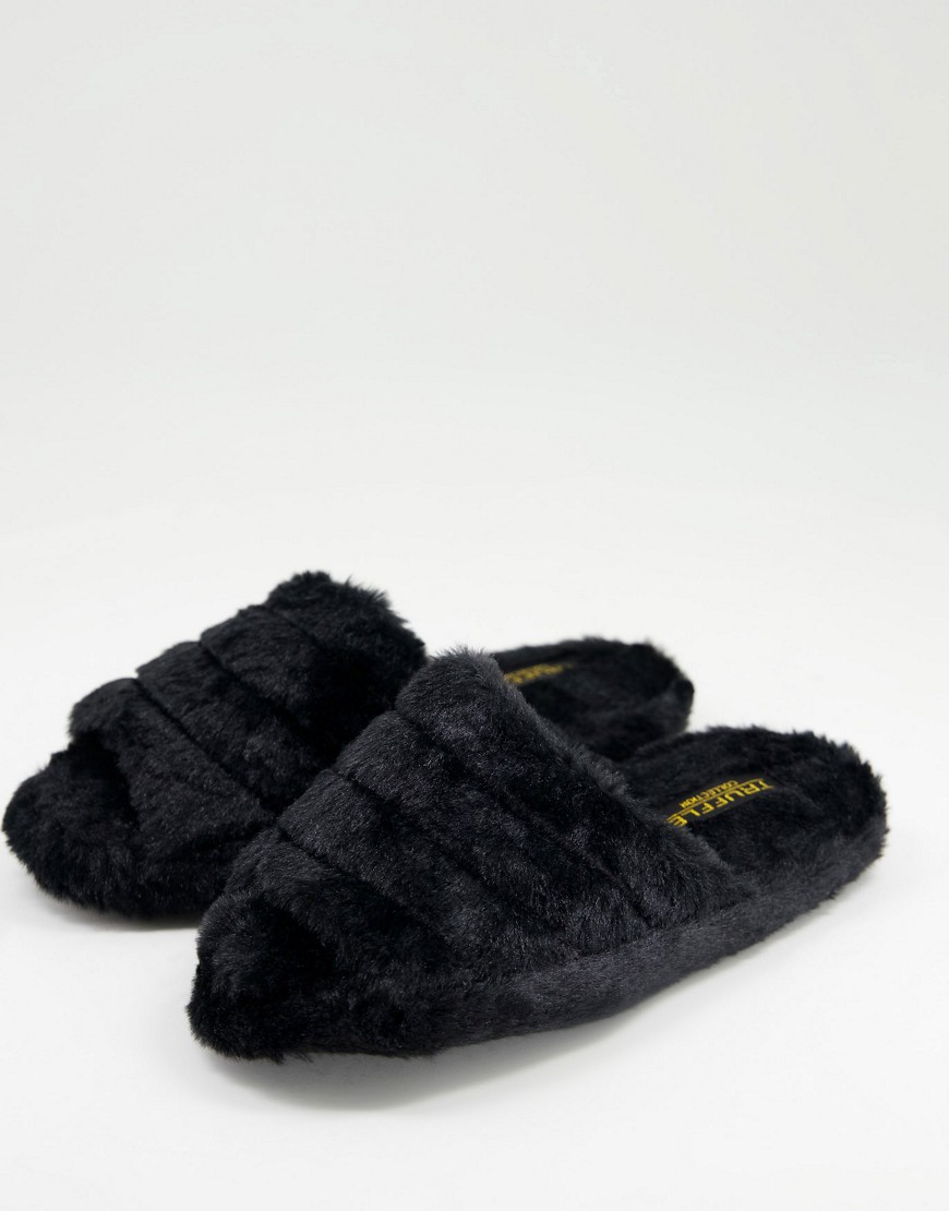 Truffle Collection fluffy open toe slippers in black
